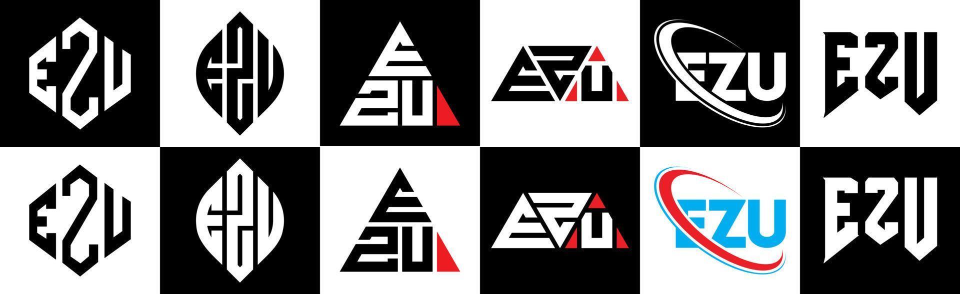 ezu-Buchstaben-Logo-Design in sechs Stilen. ezu Polygon, Kreis, Dreieck, Sechseck, flacher und einfacher Stil mit schwarz-weißem Buchstabenlogo in einer Zeichenfläche. ezu minimalistisches und klassisches Logo vektor