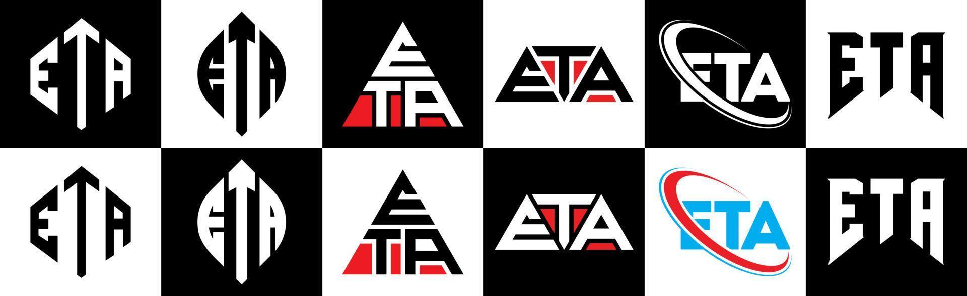 Eta-Brief-Logo-Design in sechs Stilen. Eta-Polygon, Kreis, Dreieck, Sechseck, flacher und einfacher Stil mit schwarz-weißem Buchstabenlogo in einer Zeichenfläche. eta minimalistisches und klassisches logo vektor