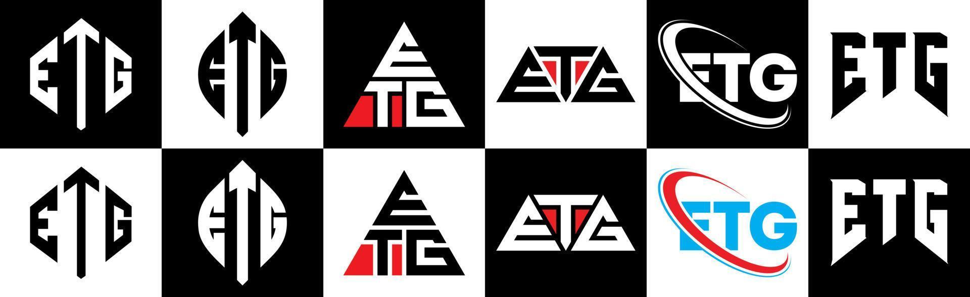 etg brev logotyp design i sex stil. etg polygon, cirkel, triangel, sexhörning, platt och enkel stil med svart och vit Färg variation brev logotyp uppsättning i ett rittavla. etg minimalistisk och klassisk logotyp vektor