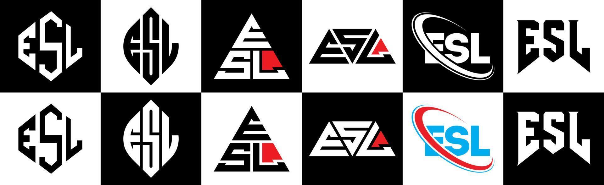 esl-Buchstaben-Logo-Design in sechs Stilen. esl-polygon, kreis, dreieck, sechseck, flacher und einfacher stil mit schwarz-weißem buchstabenlogo in einer zeichenfläche. esl minimalistisches und klassisches logo vektor