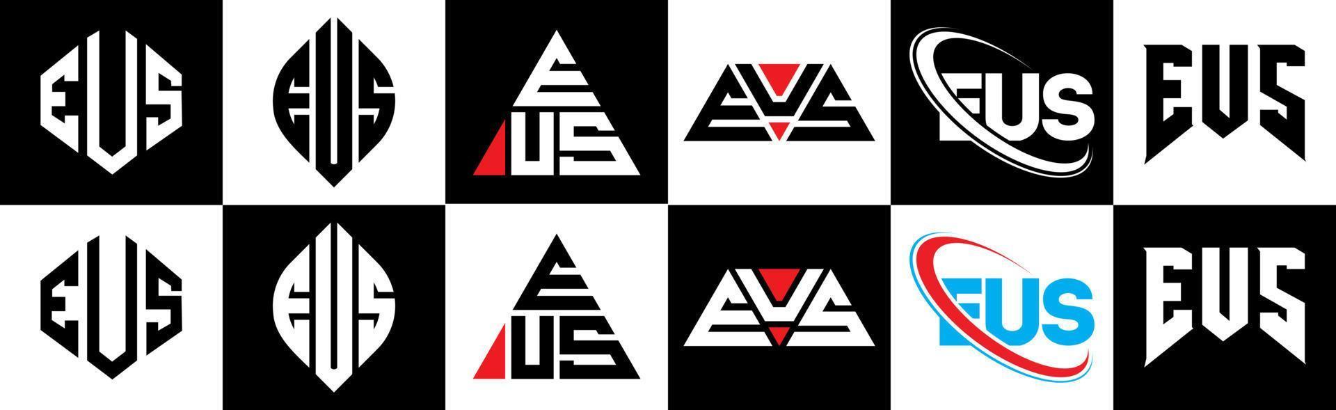 eus brev logotyp design i sex stil. eus polygon, cirkel, triangel, sexhörning, platt och enkel stil med svart och vit Färg variation brev logotyp uppsättning i ett rittavla. eus minimalistisk och klassisk logotyp vektor