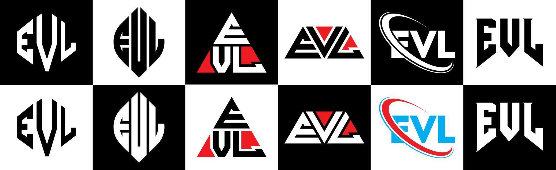 evl brev logotyp design i sex stil. evl polygon, cirkel, triangel, sexhörning, platt och enkel stil med svart och vit Färg variation brev logotyp uppsättning i ett rittavla. evl minimalistisk och klassisk logotyp vektor