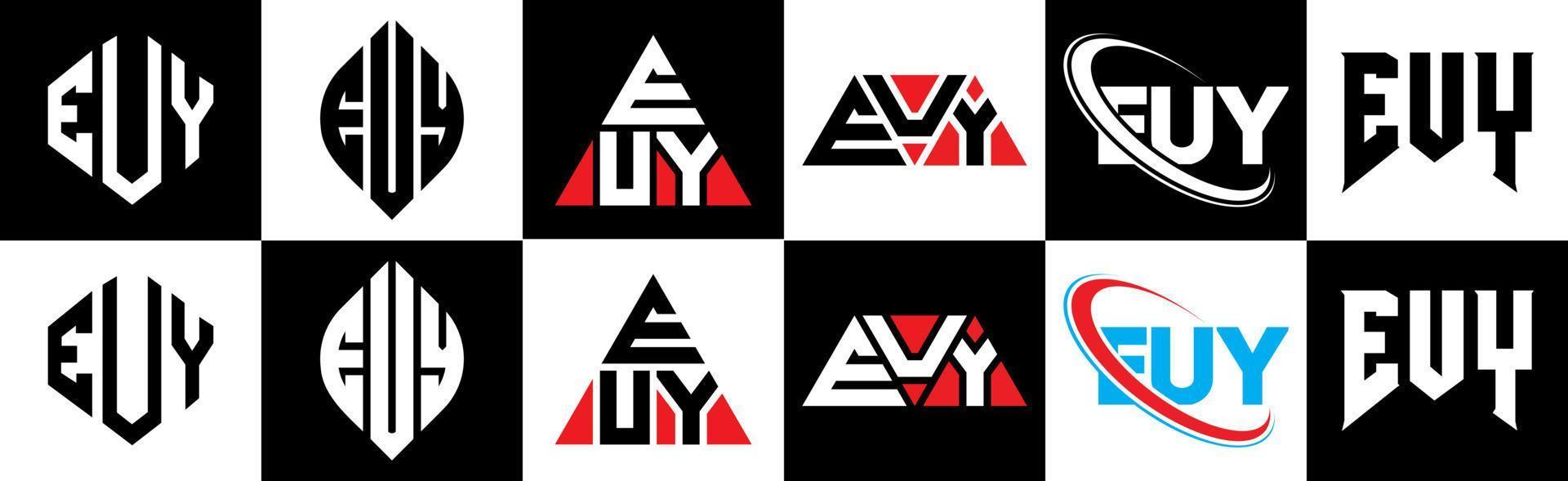 euy brev logotyp design i sex stil. euy polygon, cirkel, triangel, sexhörning, platt och enkel stil med svart och vit Färg variation brev logotyp uppsättning i ett rittavla. euy minimalistisk och klassisk logotyp vektor