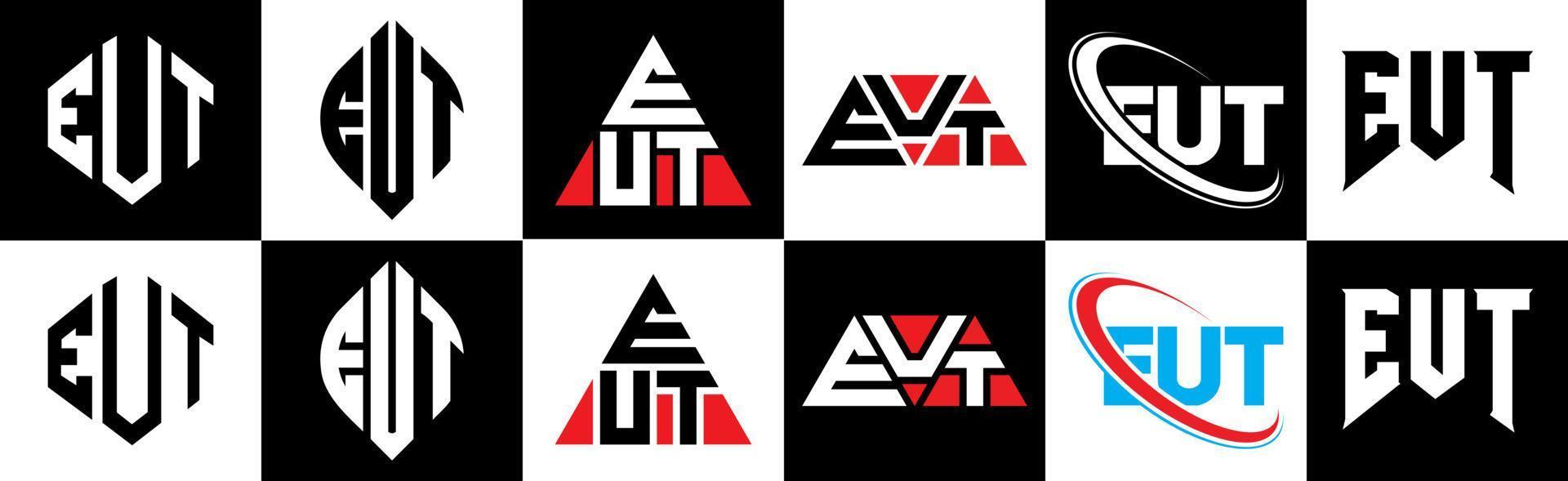 eut brev logotyp design i sex stil. eut polygon, cirkel, triangel, sexhörning, platt och enkel stil med svart och vit Färg variation brev logotyp uppsättning i ett rittavla. eut minimalistisk och klassisk logotyp vektor