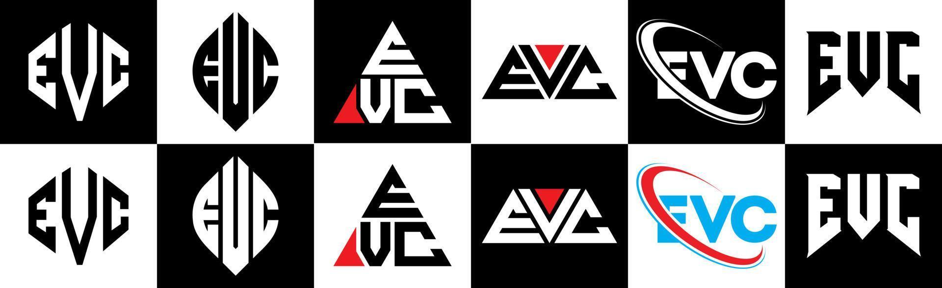 e VC brev logotyp design i sex stil. e VC polygon, cirkel, triangel, sexhörning, platt och enkel stil med svart och vit Färg variation brev logotyp uppsättning i ett rittavla. e VC minimalistisk och klassisk logotyp vektor
