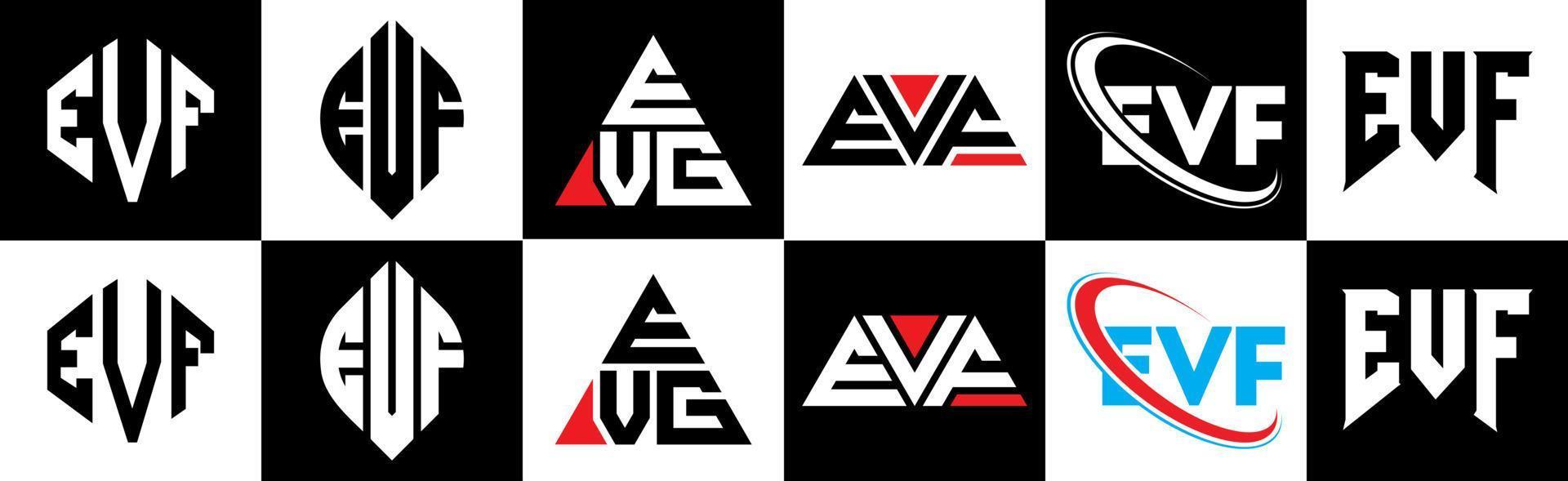 evf brev logotyp design i sex stil. evf polygon, cirkel, triangel, sexhörning, platt och enkel stil med svart och vit Färg variation brev logotyp uppsättning i ett rittavla. evf minimalistisk och klassisk logotyp vektor