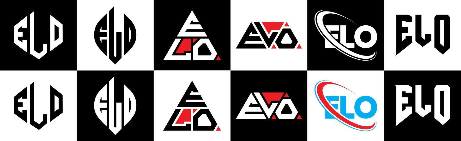 elo brev logotyp design i sex stil. elo polygon, cirkel, triangel, sexhörning, platt och enkel stil med svart och vit Färg variation brev logotyp uppsättning i ett rittavla. elo minimalistisk och klassisk logotyp vektor