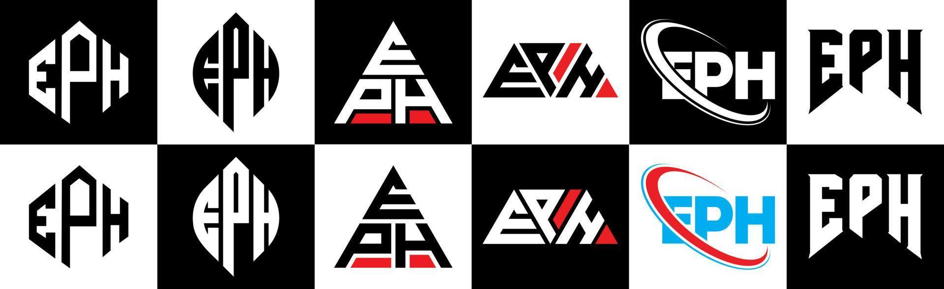 eph brev logotyp design i sex stil. eph polygon, cirkel, triangel, sexhörning, platt och enkel stil med svart och vit Färg variation brev logotyp uppsättning i ett rittavla. eph minimalistisk och klassisk logotyp vektor