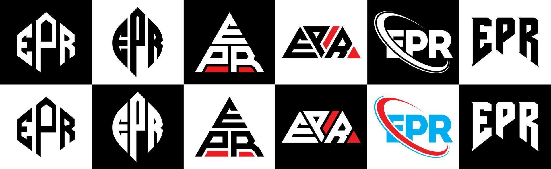 epr brev logotyp design i sex stil. epr polygon, cirkel, triangel, sexhörning, platt och enkel stil med svart och vit Färg variation brev logotyp uppsättning i ett rittavla. epr minimalistisk och klassisk logotyp vektor