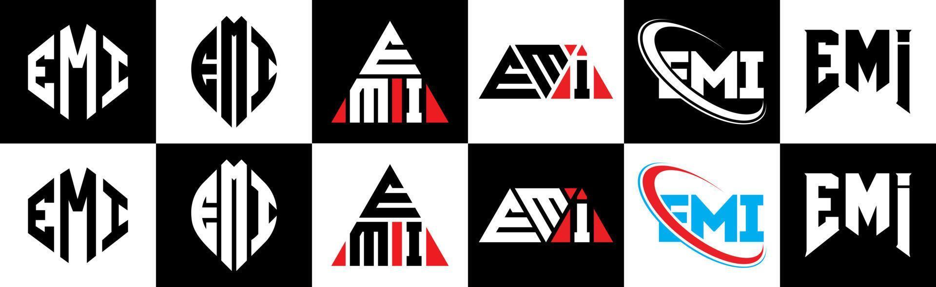 Emi-Buchstaben-Logo-Design in sechs Stilen. Emi-Polygon, Kreis, Dreieck, Sechseck, flacher und einfacher Stil mit schwarz-weißem Buchstabenlogo in einer Zeichenfläche. Emi minimalistisches und klassisches Logo vektor