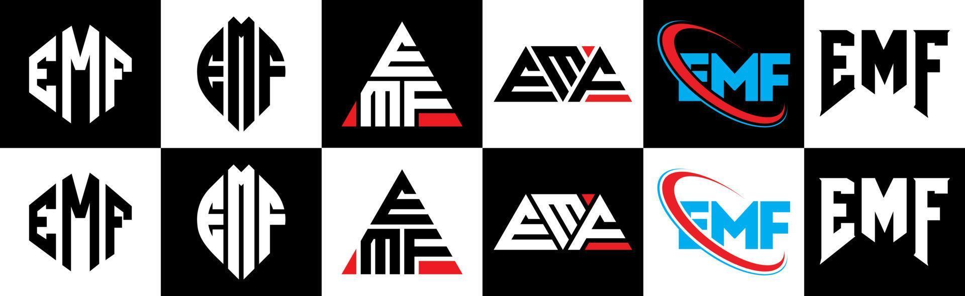 EMF-Brief-Logo-Design in sechs Stilen. emf-polygon, kreis, dreieck, sechseck, flacher und einfacher stil mit schwarz-weißem buchstabenlogo in einer zeichenfläche. emf minimalistisches und klassisches logo vektor