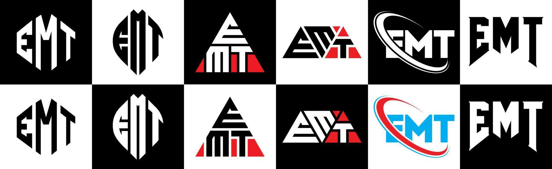 Emt-Buchstaben-Logo-Design in sechs Stilen. Emt-Polygon, Kreis, Dreieck, Sechseck, flacher und einfacher Stil mit schwarz-weißem Buchstabenlogo in einer Zeichenfläche. emt minimalistisches und klassisches Logo vektor