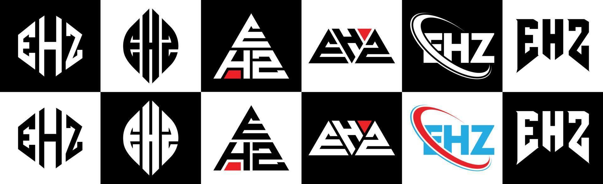ehz-Buchstaben-Logo-Design in sechs Stilen. ehz polygon, kreis, dreieck, hexagon, flacher und einfacher stil mit schwarz-weißem buchstabenlogo in einer zeichenfläche. ehz minimalistisches und klassisches Logo vektor