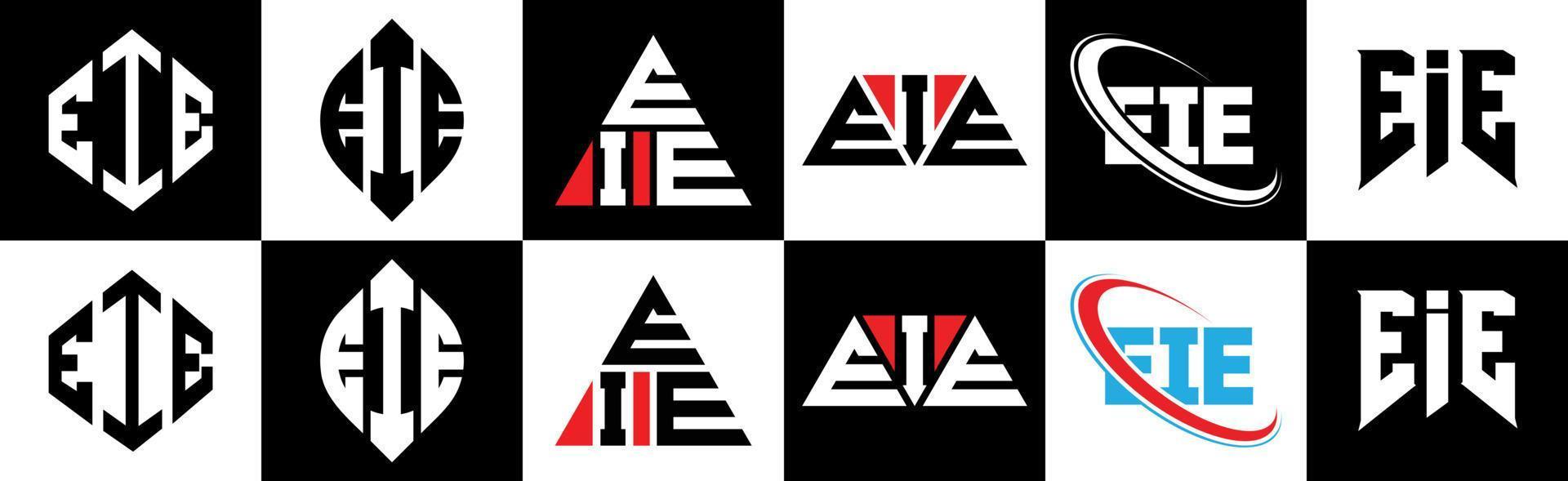 Eie-Buchstaben-Logo-Design in sechs Stilen. ei polygon, kreis, dreieck, sechseck, flacher und einfacher stil mit schwarz-weißem buchstabenlogo in einer zeichenfläche. eie minimalistisches und klassisches Logo vektor