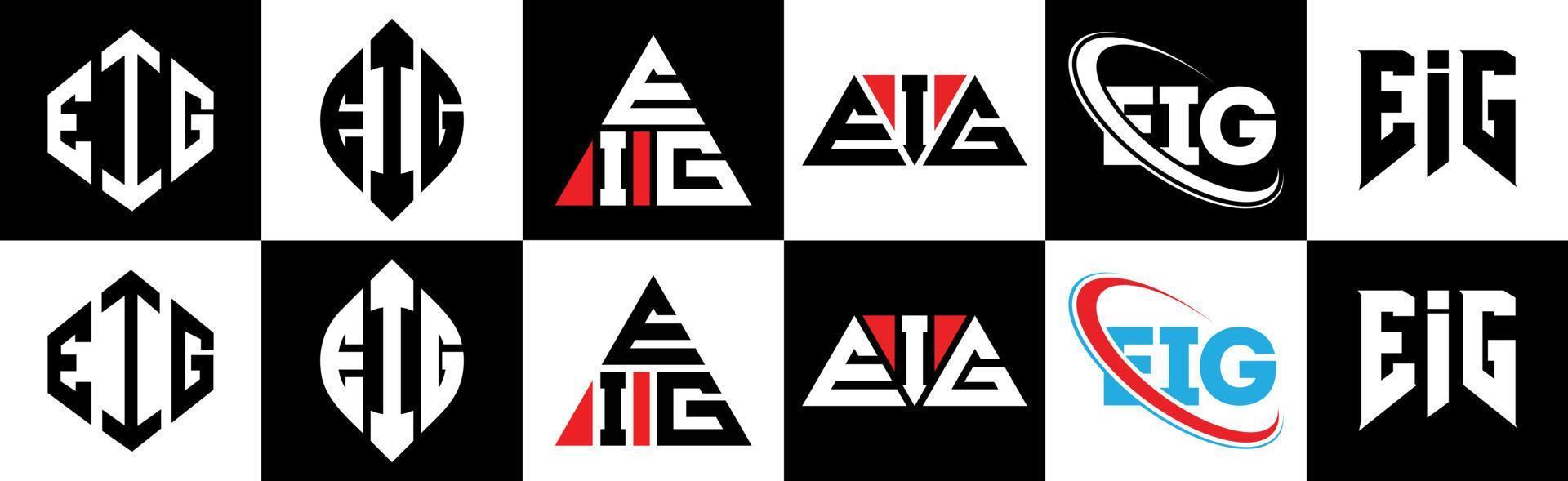 Eig-Buchstaben-Logo-Design in sechs Stilen. ei polygon, kreis, dreieck, sechseck, flacher und einfacher stil mit schwarz-weißem buchstabenlogo in einer zeichenfläche. ei minimalistisches und klassisches Logo vektor