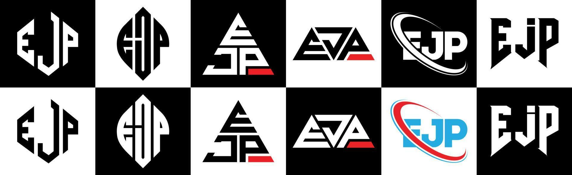 ejp-Buchstaben-Logo-Design in sechs Stilen. ejp polygon, kreis, dreieck, hexagon, flacher und einfacher stil mit schwarz-weißem farbvariationsbuchstabenlogo in einer zeichenfläche. ejp minimalistisches und klassisches Logo vektor