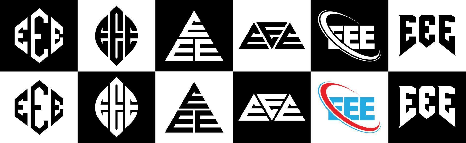 eee-Buchstaben-Logo-Design in sechs Stilen. Eee Polygon, Kreis, Dreieck, Sechseck, flacher und einfacher Stil mit schwarz-weißem Buchstabenlogo in einer Zeichenfläche. eee minimalistisches und klassisches Logo vektor