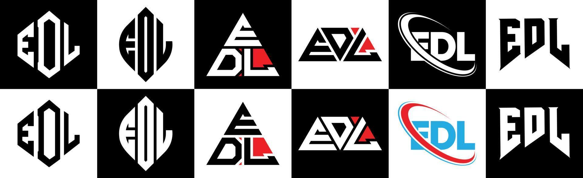 edl-Buchstaben-Logo-Design in sechs Stilen. Edl-Polygon, Kreis, Dreieck, Sechseck, flacher und einfacher Stil mit schwarz-weißem Buchstabenlogo in einer Zeichenfläche. Edl minimalistisches und klassisches Logo vektor