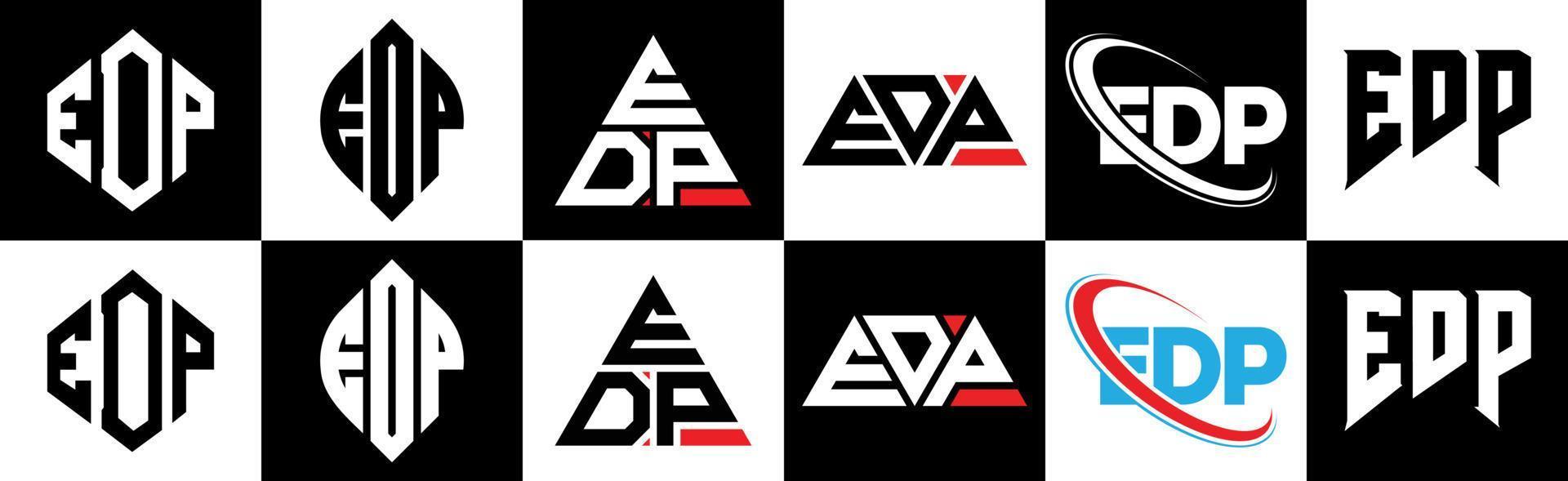 edp-Buchstaben-Logo-Design in sechs Stilen. edp-Polygon, Kreis, Dreieck, Sechseck, flacher und einfacher Stil mit schwarz-weißem Buchstabenlogo in einer Zeichenfläche. edp minimalistisches und klassisches Logo vektor