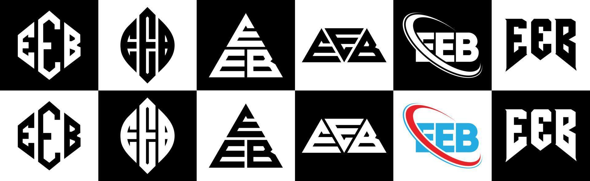 Eeb-Buchstaben-Logo-Design in sechs Stilen. Eeb-Polygon, Kreis, Dreieck, Sechseck, flacher und einfacher Stil mit schwarz-weißem Buchstabenlogo in einer Zeichenfläche. eeb minimalistisches und klassisches Logo vektor