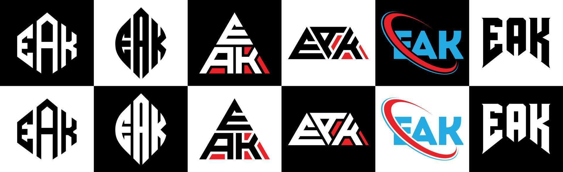 eak brev logotyp design i sex stil. eak polygon, cirkel, triangel, sexhörning, platt och enkel stil med svart och vit Färg variation brev logotyp uppsättning i ett rittavla. eak minimalistisk och klassisk logotyp vektor