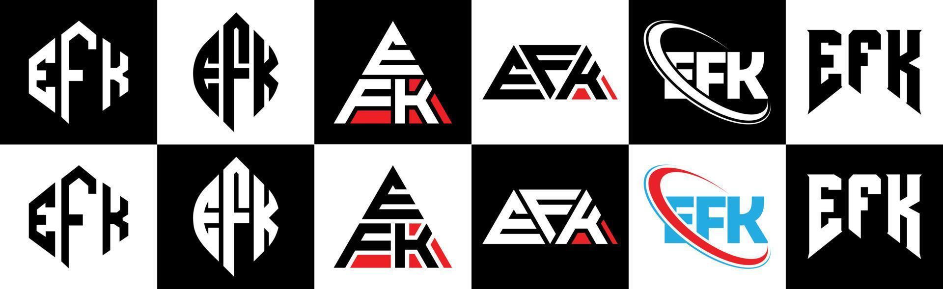 efk-Buchstaben-Logo-Design in sechs Stilen. efk polygon, kreis, dreieck, hexagon, flacher und einfacher stil mit schwarz-weißem buchstabenlogo in einer zeichenfläche. efk minimalistisches und klassisches Logo vektor