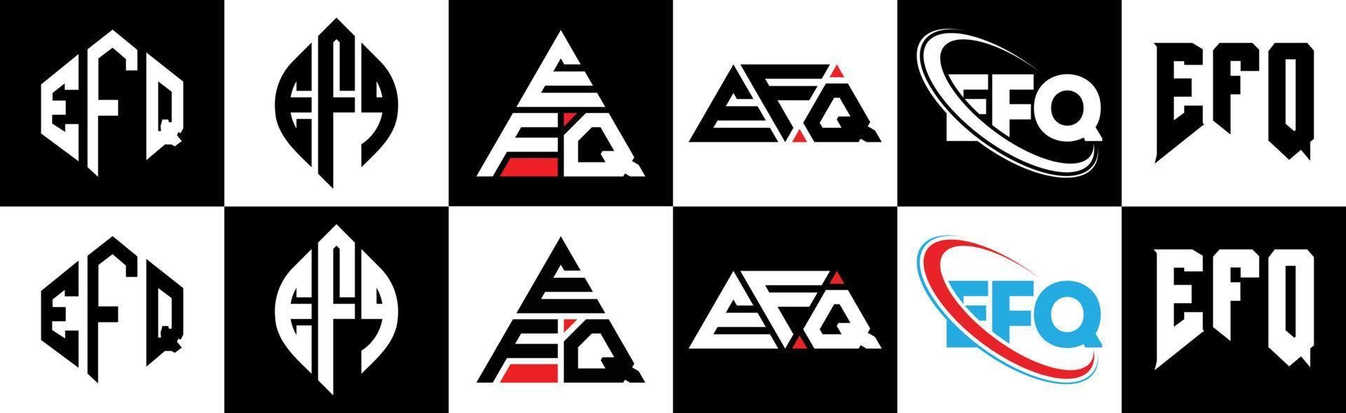 efq-Buchstaben-Logo-Design in sechs Stilen. efq Polygon, Kreis, Dreieck, Sechseck, flacher und einfacher Stil mit schwarz-weißem Buchstabenlogo in einer Zeichenfläche. efq minimalistisches und klassisches Logo vektor