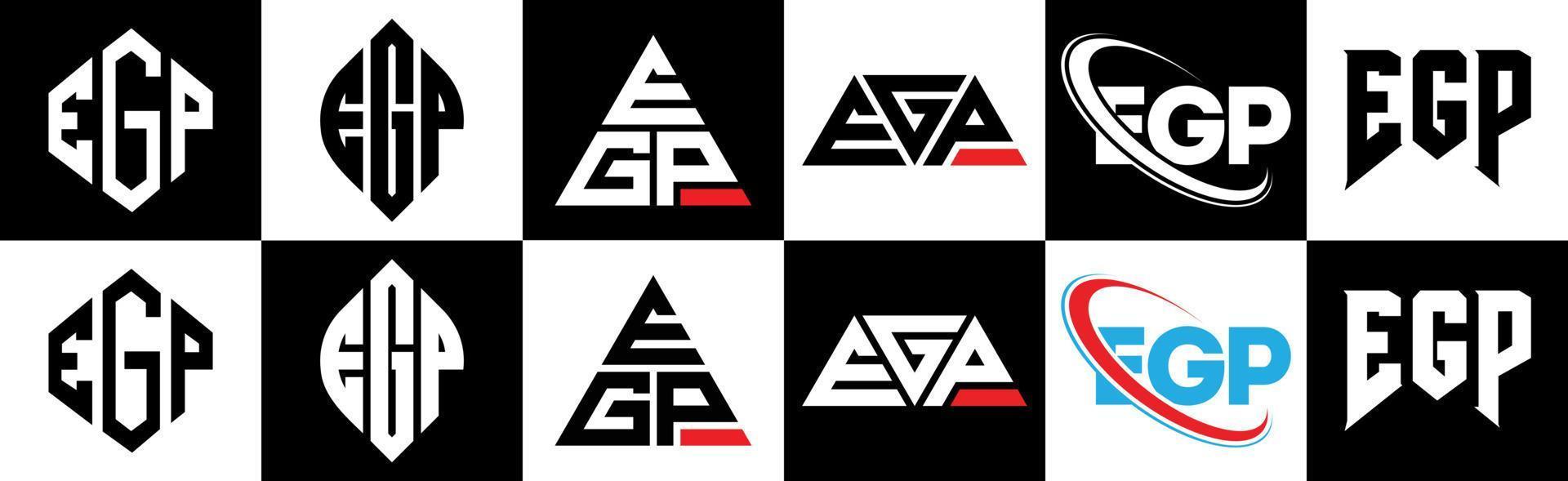 egp-Buchstaben-Logo-Design in sechs Stilen. egp polygon, kreis, dreieck, sechseck, flacher und einfacher stil mit schwarz-weißem buchstabenlogo in einer zeichenfläche. egp minimalistisches und klassisches logo vektor