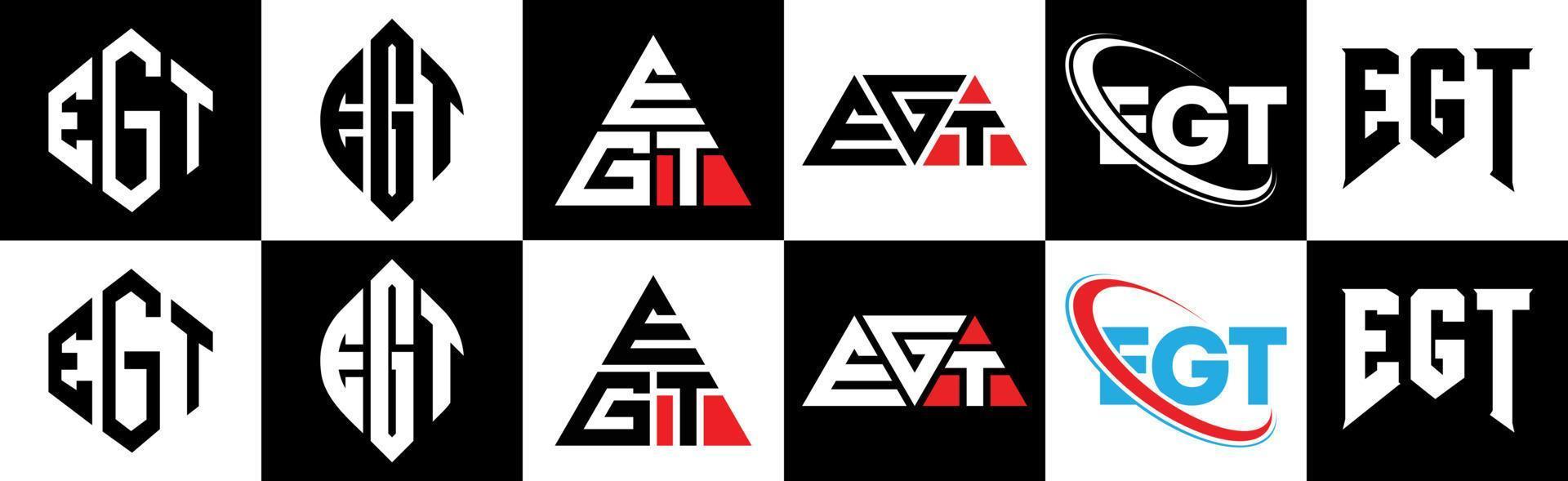 Egt-Buchstaben-Logo-Design in sechs Stilen. Egt Polygon, Kreis, Dreieck, Sechseck, flacher und einfacher Stil mit schwarz-weißem Buchstabenlogo in einer Zeichenfläche. Egt minimalistisches und klassisches Logo vektor