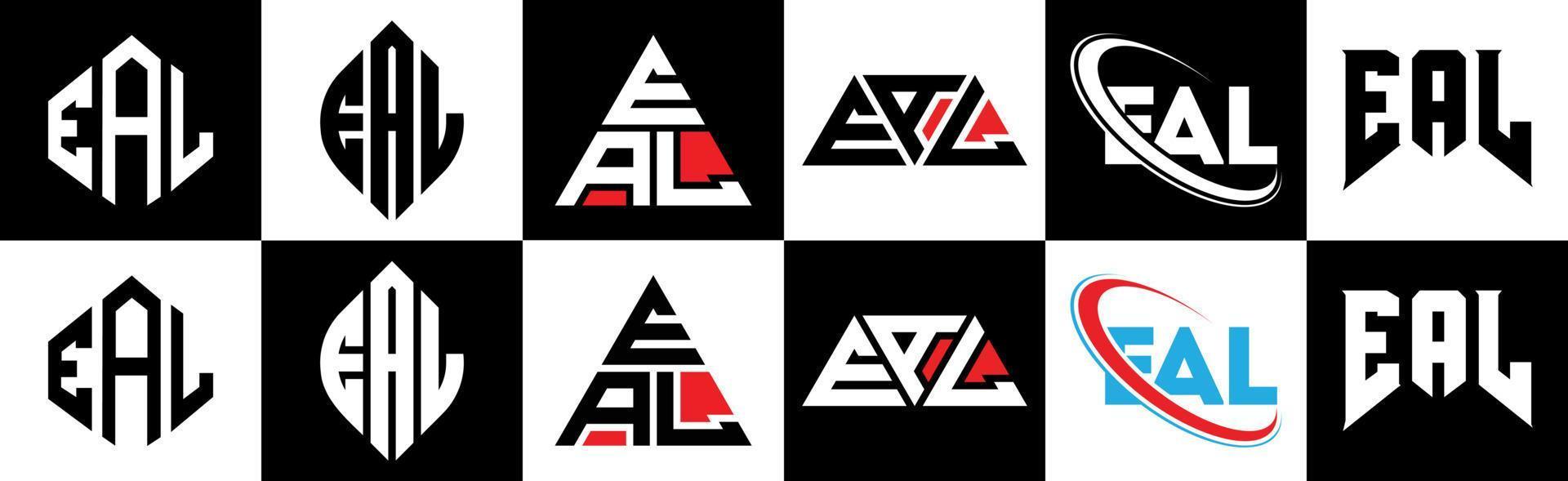Eal-Buchstaben-Logo-Design in sechs Stilen. Echtes Polygon, Kreis, Dreieck, Sechseck, flacher und einfacher Stil mit schwarz-weißem Buchstabenlogo in einer Zeichenfläche. eal minimalistisches und klassisches Logo vektor