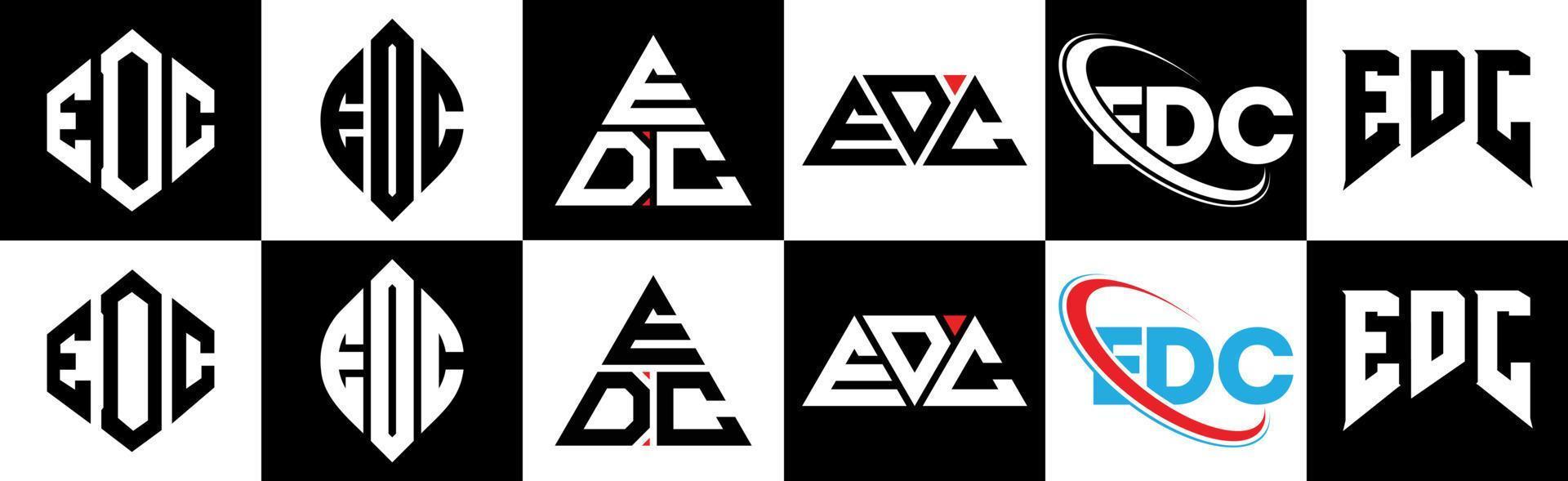 edc-Buchstaben-Logo-Design in sechs Stilen. edc polygon, kreis, dreieck, sechseck, flacher und einfacher stil mit schwarz-weißem buchstabenlogo in einer zeichenfläche. edc minimalistisches und klassisches Logo vektor