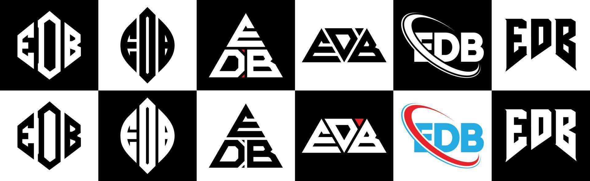 edb brev logotyp design i sex stil. edb polygon, cirkel, triangel, sexhörning, platt och enkel stil med svart och vit Färg variation brev logotyp uppsättning i ett rittavla. edb minimalistisk och klassisk logotyp vektor