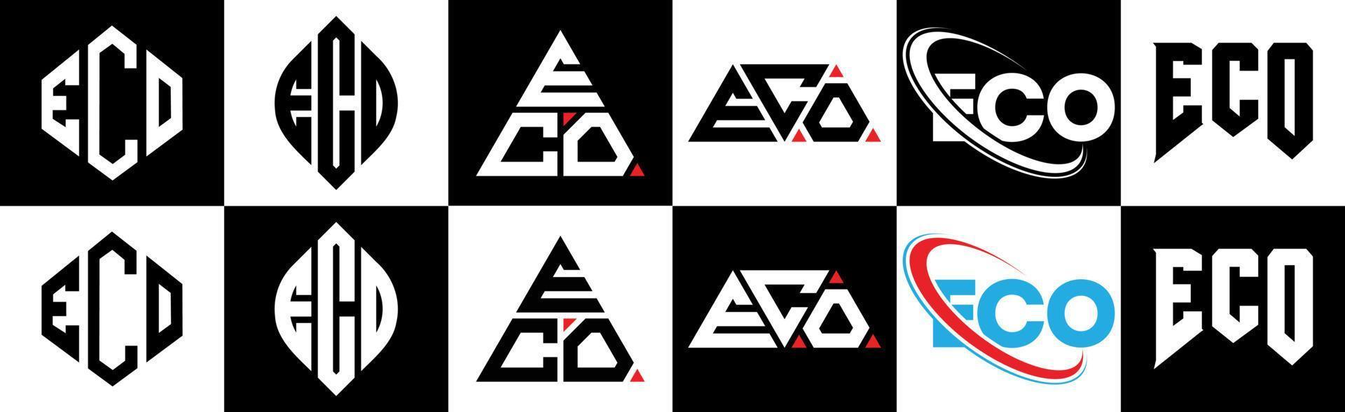 eco brev logotyp design i sex stil. eco polygon, cirkel, triangel, sexhörning, platt och enkel stil med svart och vit Färg variation brev logotyp uppsättning i ett rittavla. eco minimalistisk och klassisk logotyp vektor