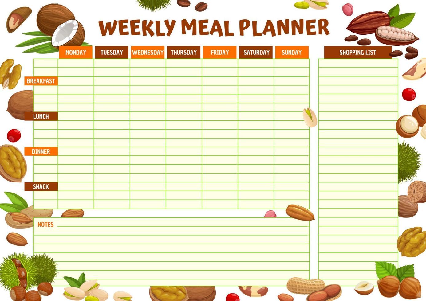 wöchentlicher speiseplaner oder zeitplan mit cartoon-nüssen vektor