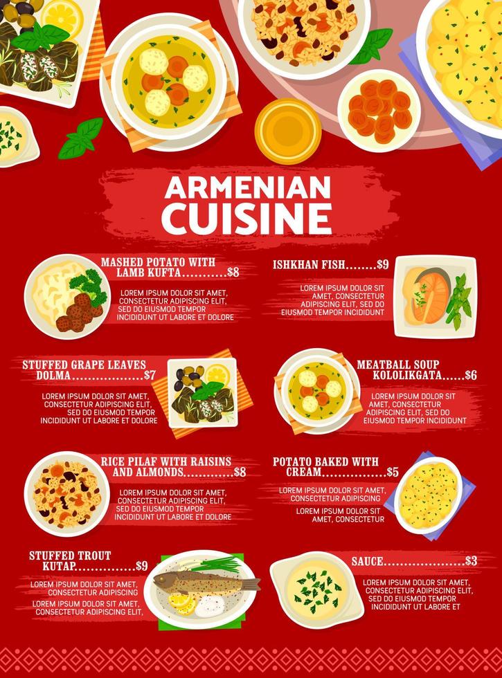 armeniska kök meny traditionell mat maträtter måltid vektor