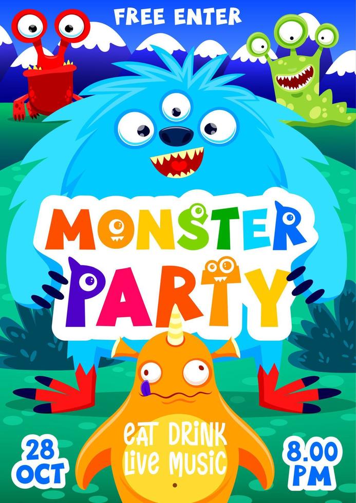 Cartoon-Monster-Party-Flyer, Vektor-Werbeplakat vektor