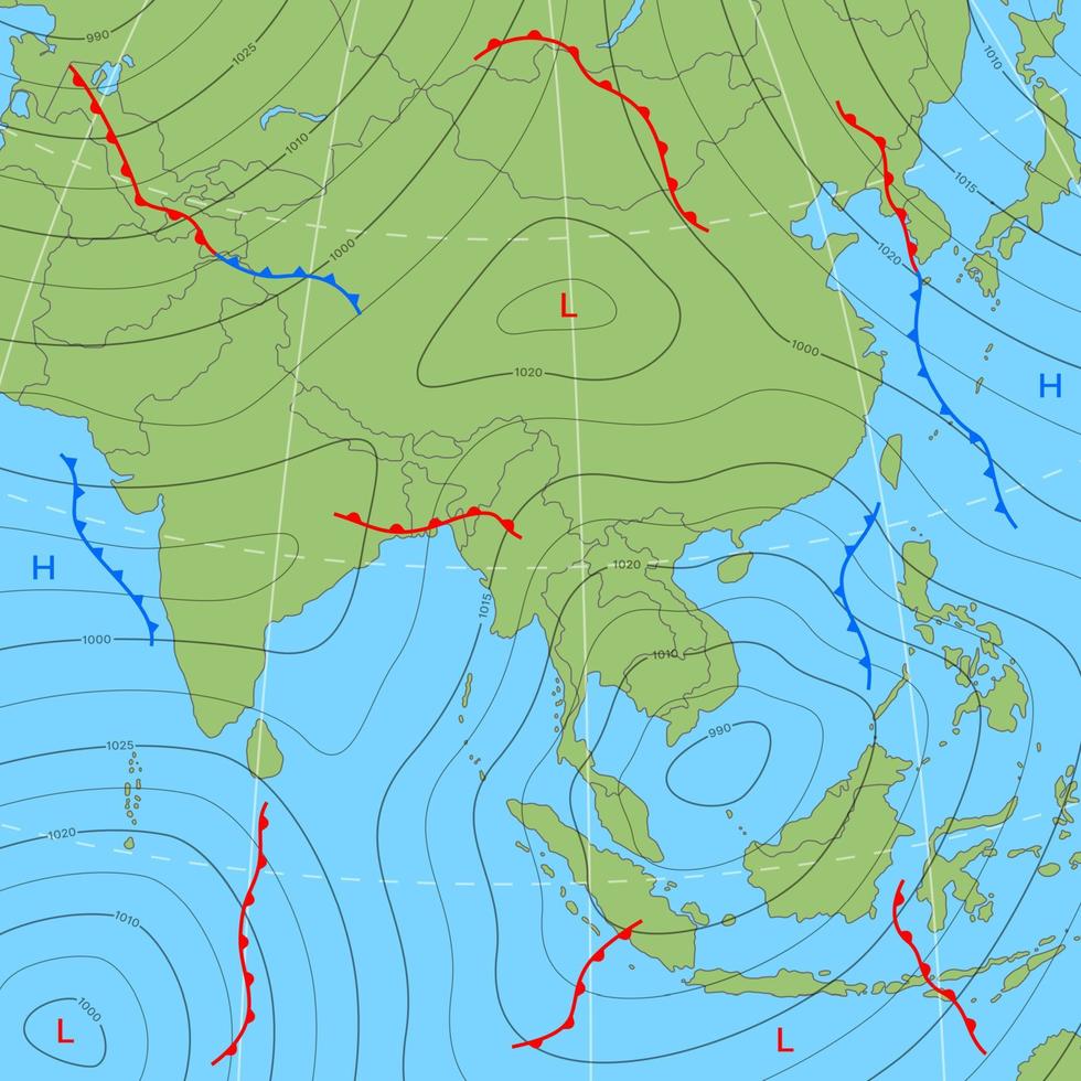 vorhergesagte wetterisobarenkarte von asien, windfronten vektor