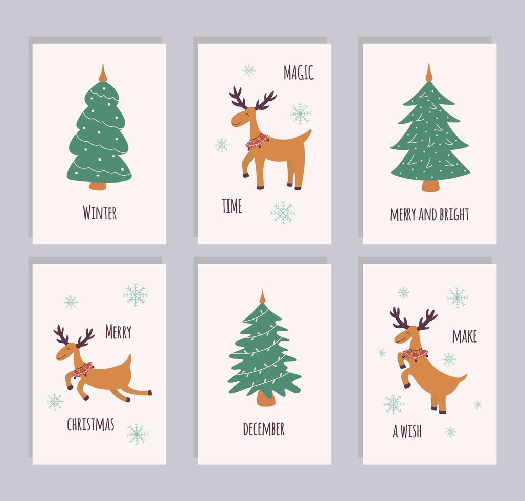 uppsättning av kort med jul rådjur och träd. vektor