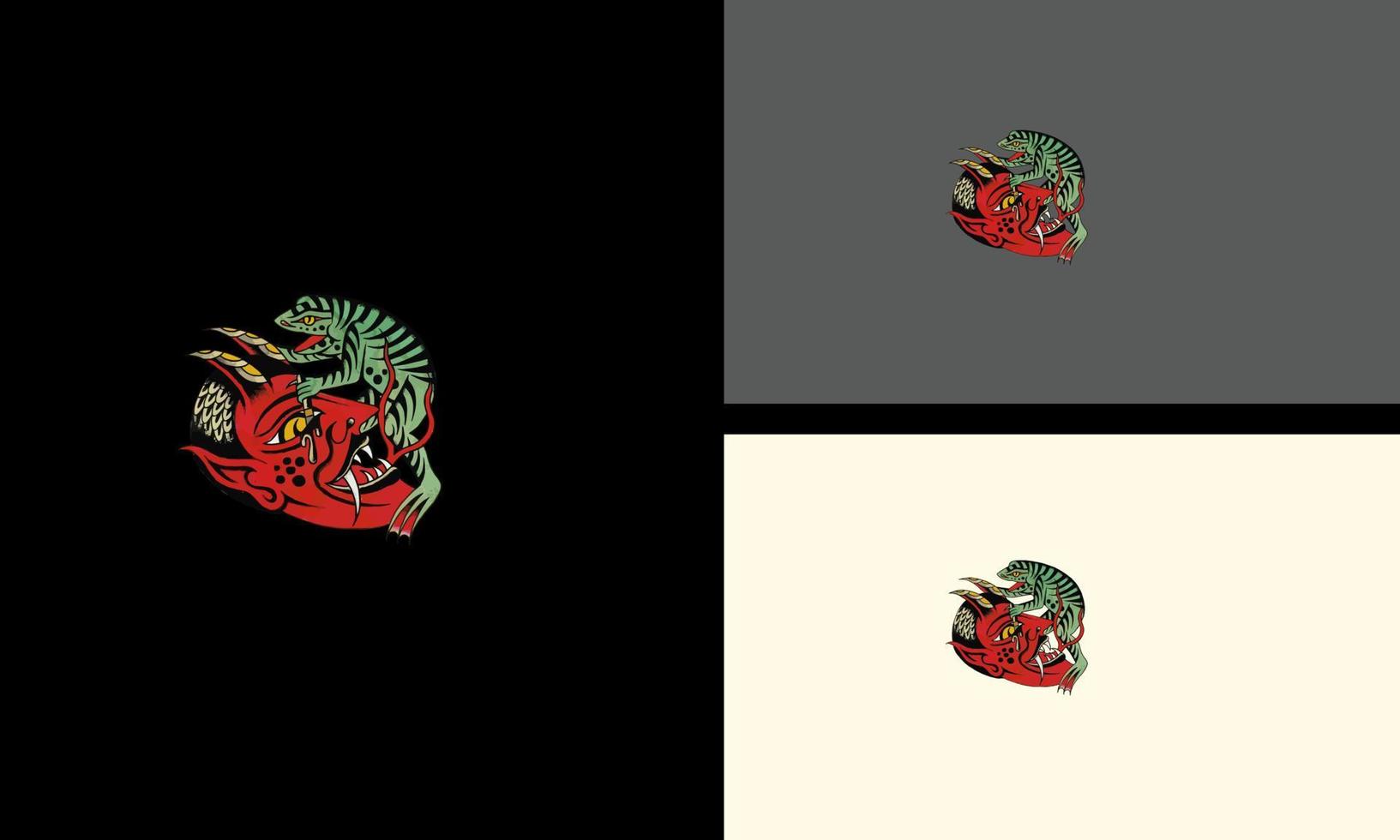 grüner Frosch über dem Vektorgrafik-Design des Kopfes des roten Teufels vektor