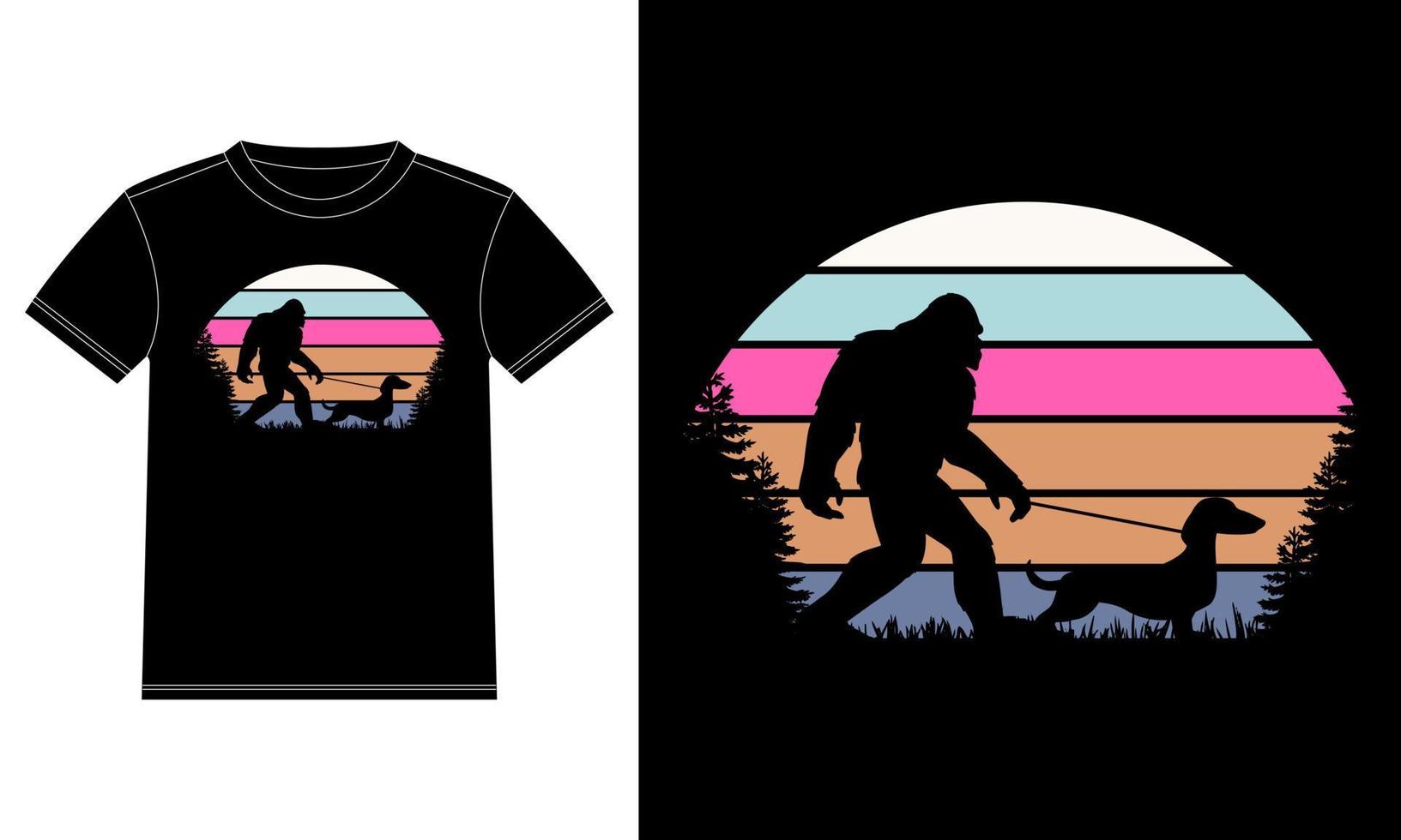 bigfoot walking dachshund hundeliebhaber geschenke t-shirt designvorlage, autofensteraufkleber, pod, cover, isolierter schwarzer hintergrund vektor