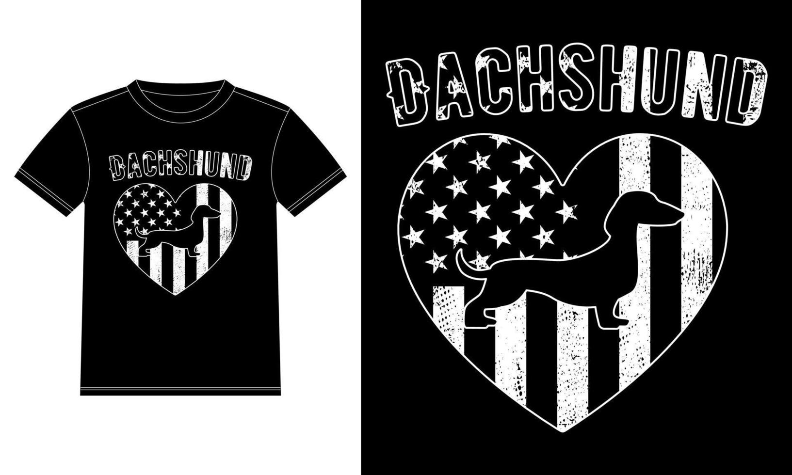 dackel mit herz-t-shirt-designschablone der amerikanischen flagge, autofensteraufkleber, hülse, abdeckung, lokalisierter schwarzer hintergrund vektor