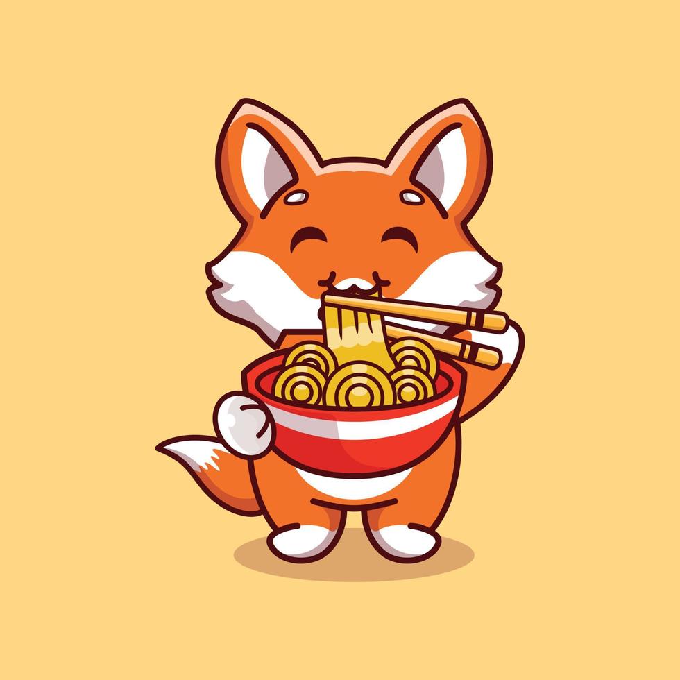 niedlicher fuchs, der ramen-nudeln mit essstäbchen-cartoon-symbolillustration isst vektor