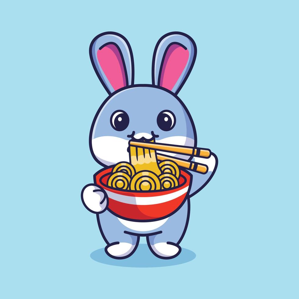 niedliches kaninchen, das ramen-nudeln mit essstäbchen-cartoon-symbolillustration isst vektor