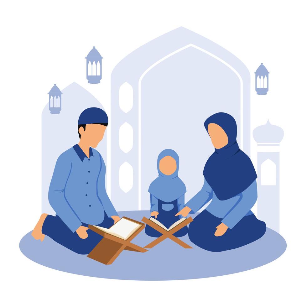 muslimische familie, die zusammen den koran liest. Die Eltern unterrichten ihre Tochter vektor
