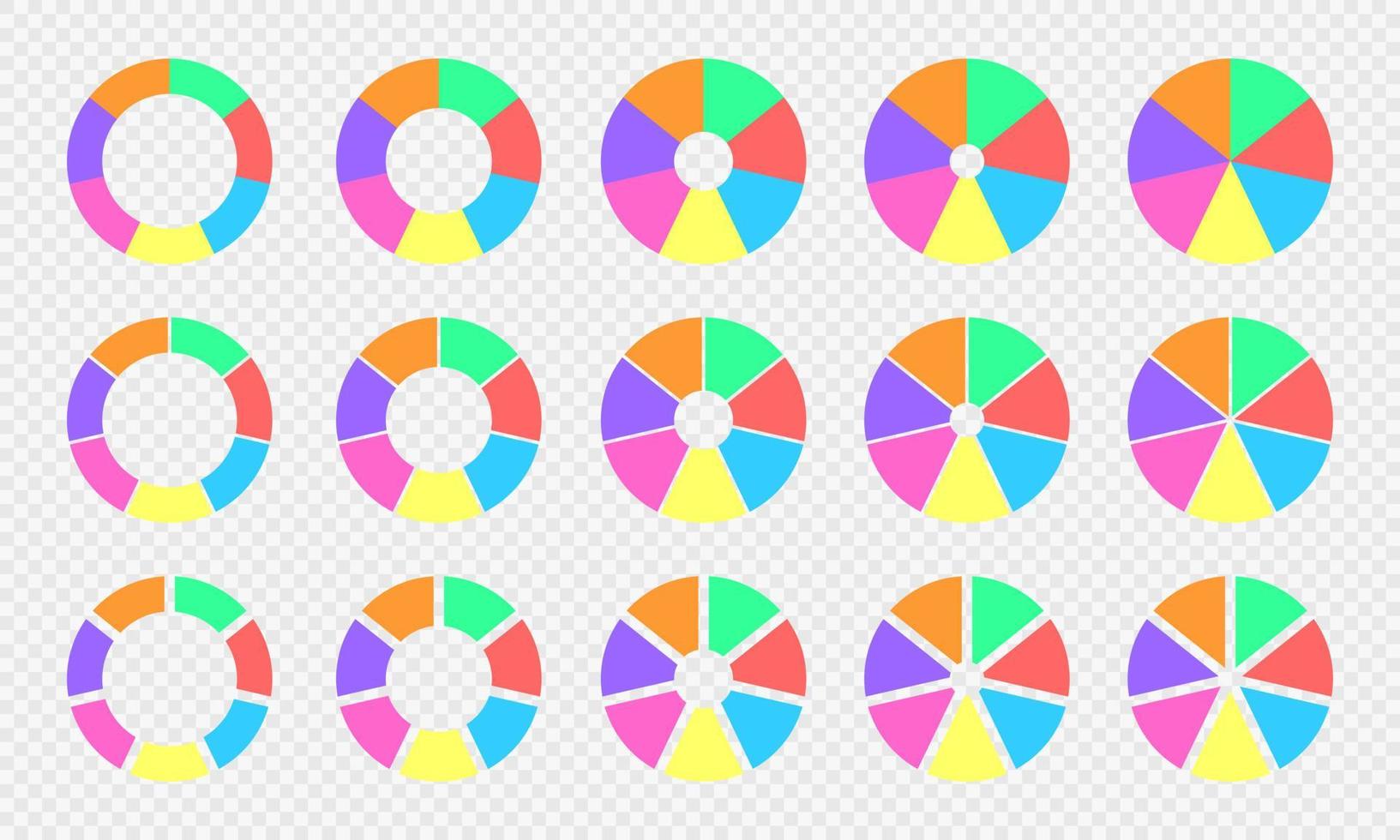 paj och munk diagram samling. cirkel diagram dividerat i 7 sektioner av annorlunda färger. infographic hjul med sju likvärdig delar isolerat på transparent bakgrund vektor