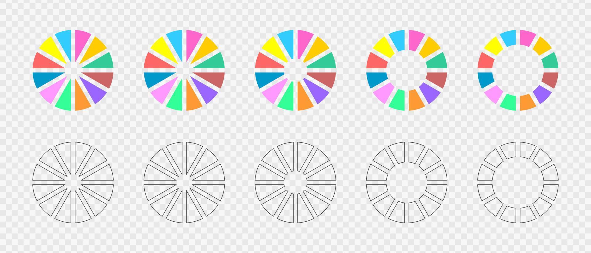 Donut-Diagramme festgelegt. Infografik-Räder, die in 12 mehrfarbige und grafische Abschnitte unterteilt sind. Kreisdiagramme oder Ladebalken. runde Formen, die in zwölf gleiche Teile geschnitten sind vektor