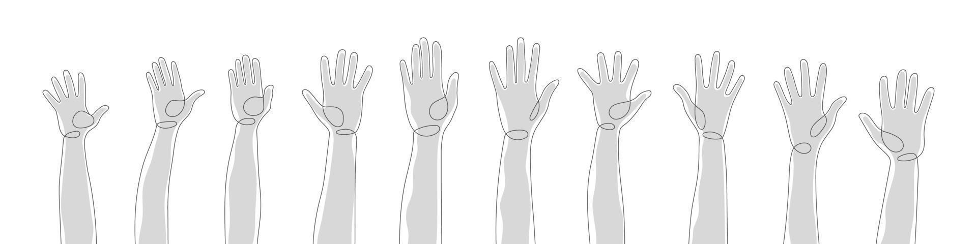 verschiedene Silhouetten Hände. eine linie menschliche hände. Arme und Hände erhoben. Vektor-Illustration vektor