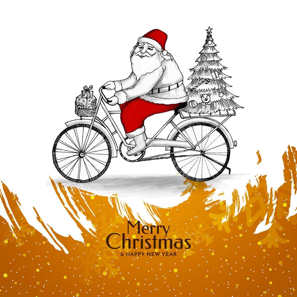 glad jul festival bakgrund med santa claus på cykel vektor