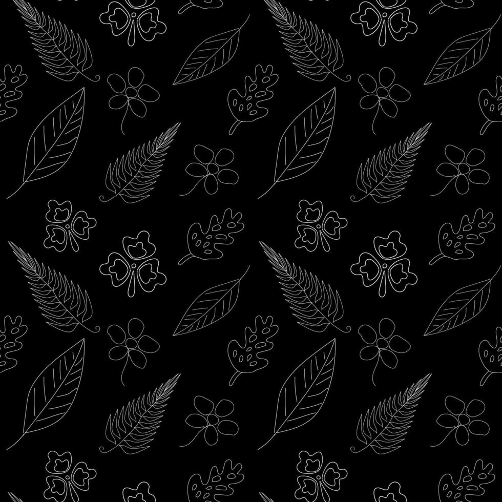 Blätter und Blumen Musterdesign auf schwarzem Hintergrund. abstrakte geometrische florale Blattlinie nahtlose Schwarz-Weiß-Muster. design für textilien, tapeten, kleidung, hintergrund, fliesen, verpackung, stoff vektor