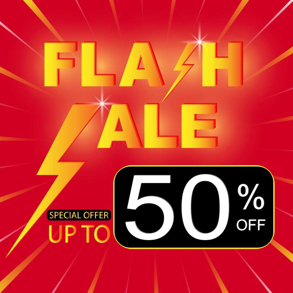 Flash Sale Shopping Poster oder Banner mit Flash-Symbol und Rabatttext auf rotem Hintergrund. Sonderangebot Flash Sale Kampagne oder Promotion. Social-Media-Post-Vorlage Flash-Verkauf und Rabatt-Hintergrund. vektor